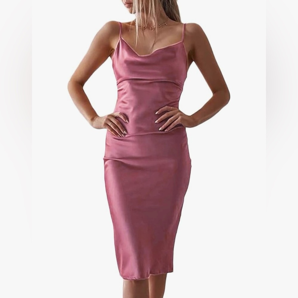 NWOT Pink Cowl Neck Satin Dress